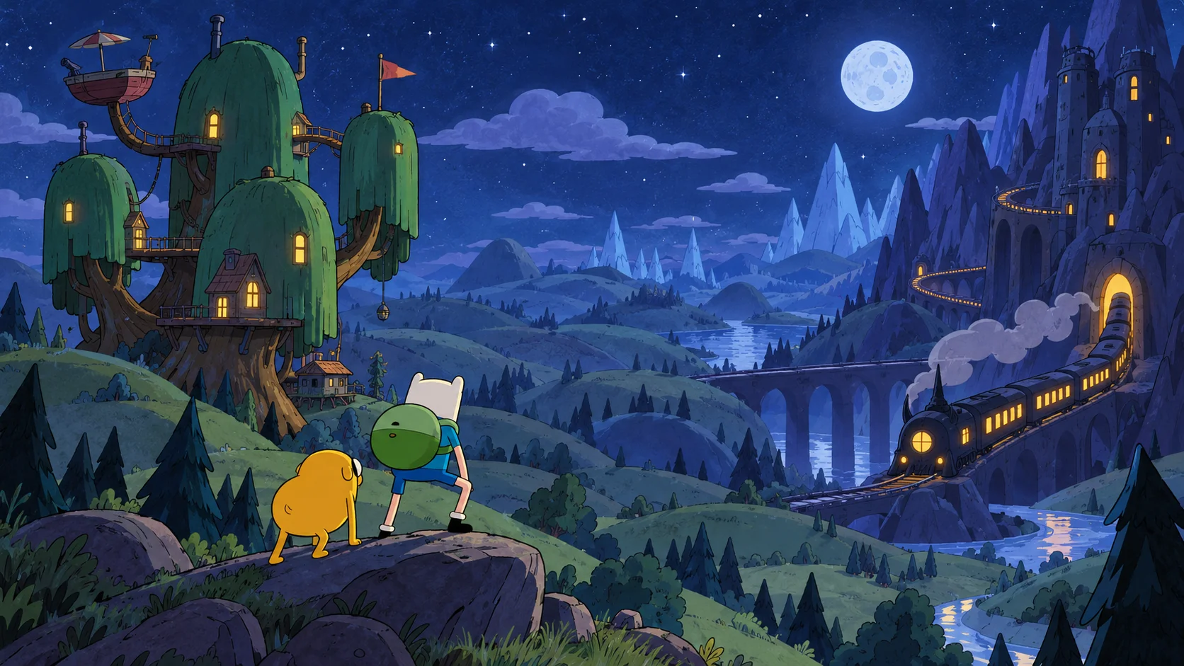 Fan illustration of Finn and Jake, a tree house and a fantasy train; not gameplay.
